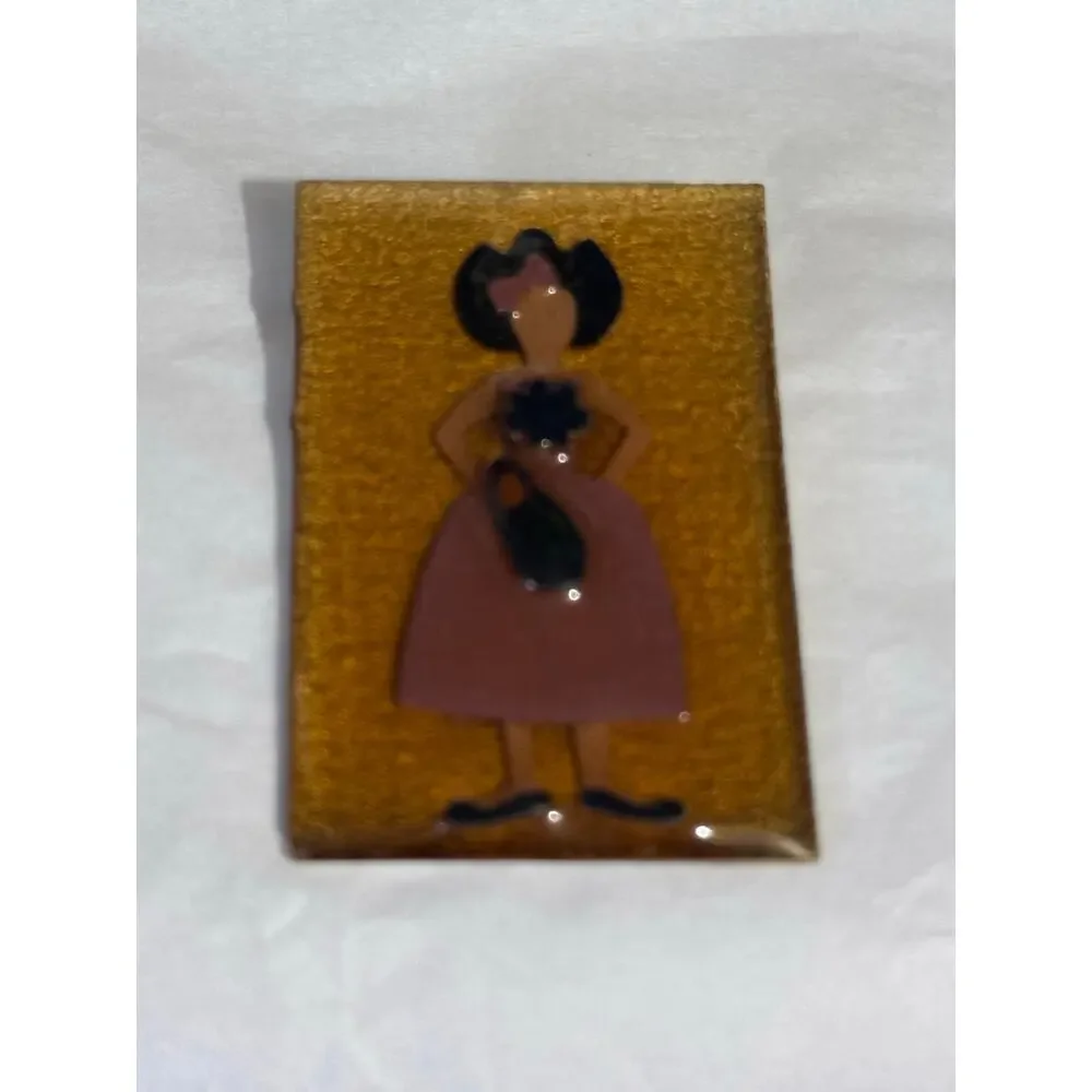 Lucinda Woman Pin Brooch Wood Girl Brown Dress Hat Vintage Figure
